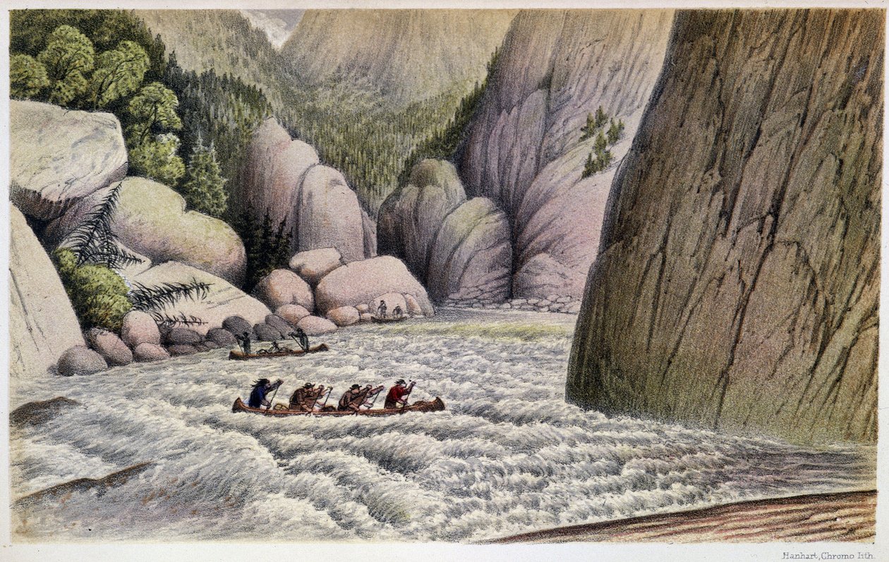 Men in Canoing Descending Rapids: "" An escape at the fourth rapid""" - i "" Exploration of the Labrador Peninsula"" af Hind, London af Unknown artist