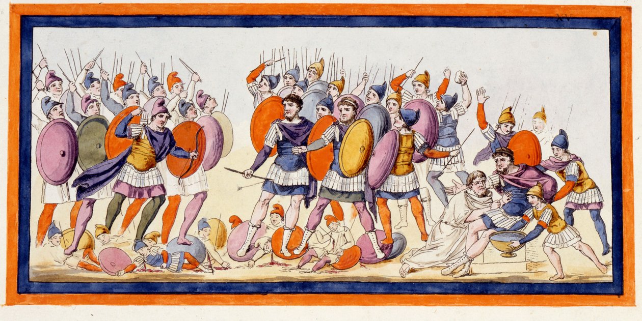 Menelas (til højre), en græsk kriger er netop blevet såret af en pil fra en allieret af trojanerne. Iliaden, sang IV. Stik fra slutningen af 1700-tallet. af Unknown artist