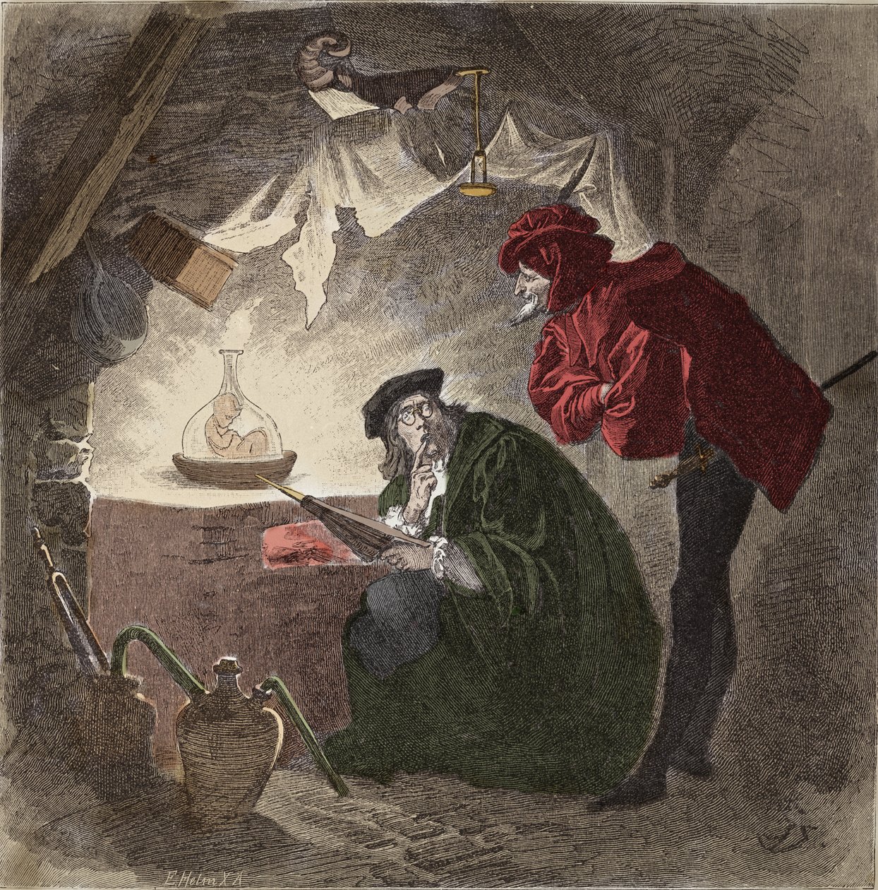 Mephistopheles (Mephisto) a Faust Illustration de "" Faust"" af Johann Wolfgang von Goethe (1749-1832) (Illustration til "" faust""" af Goethe) Gravering af Unknown artist