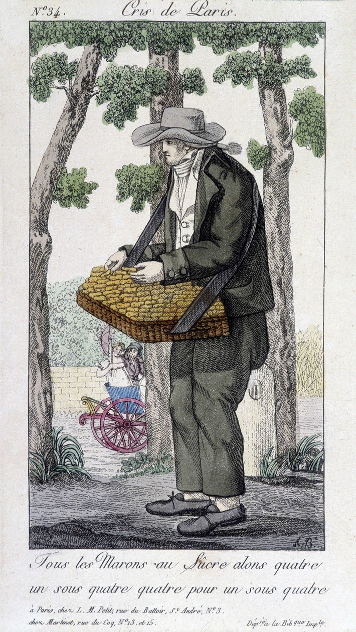 Købmand af kastanjer med sukker - i “” Cris de Paris””, deb. 19. århundrede af Unknown artist