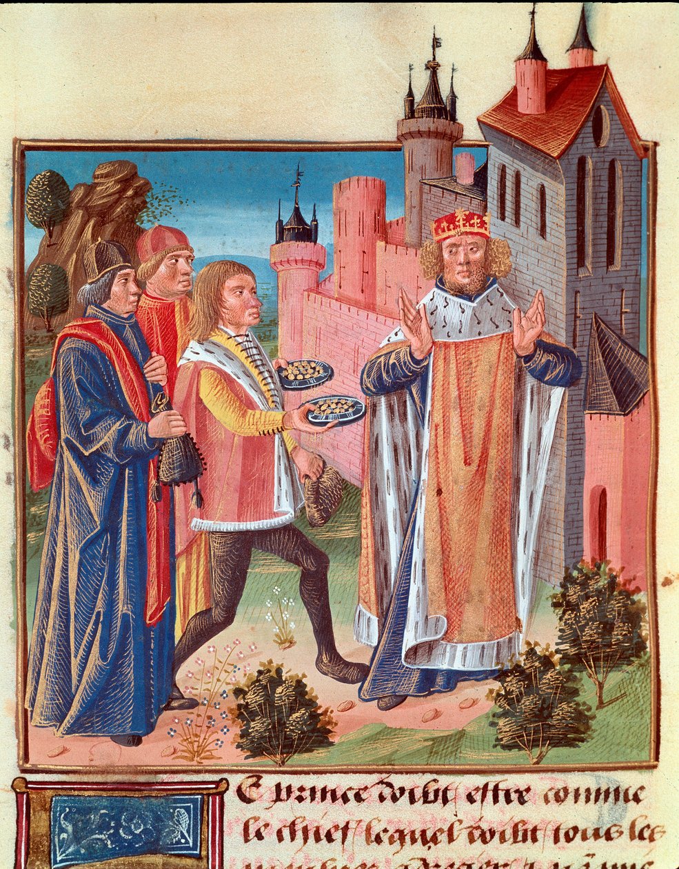 Middelalder: "" En prins modtager skat fra sine vasaller""" Miniature taget fra ""The book of good moral""" af Jakob den Store af Unknown artist