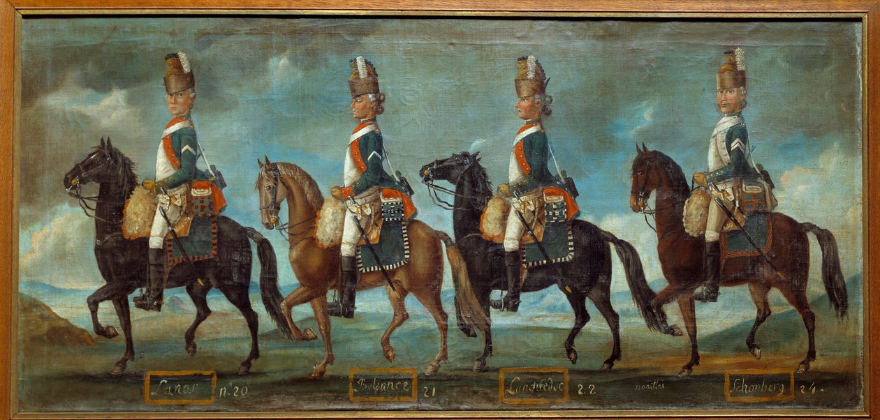 Militære uniformer af drager, i henhold til ordenen fra 1779: regimenter af Lanan (n. 20), Belsunce (n. 21), Languedoc (n. 22), Schomberg (n. 24) Anonymt maleri af 1779. Paris, Musee de l