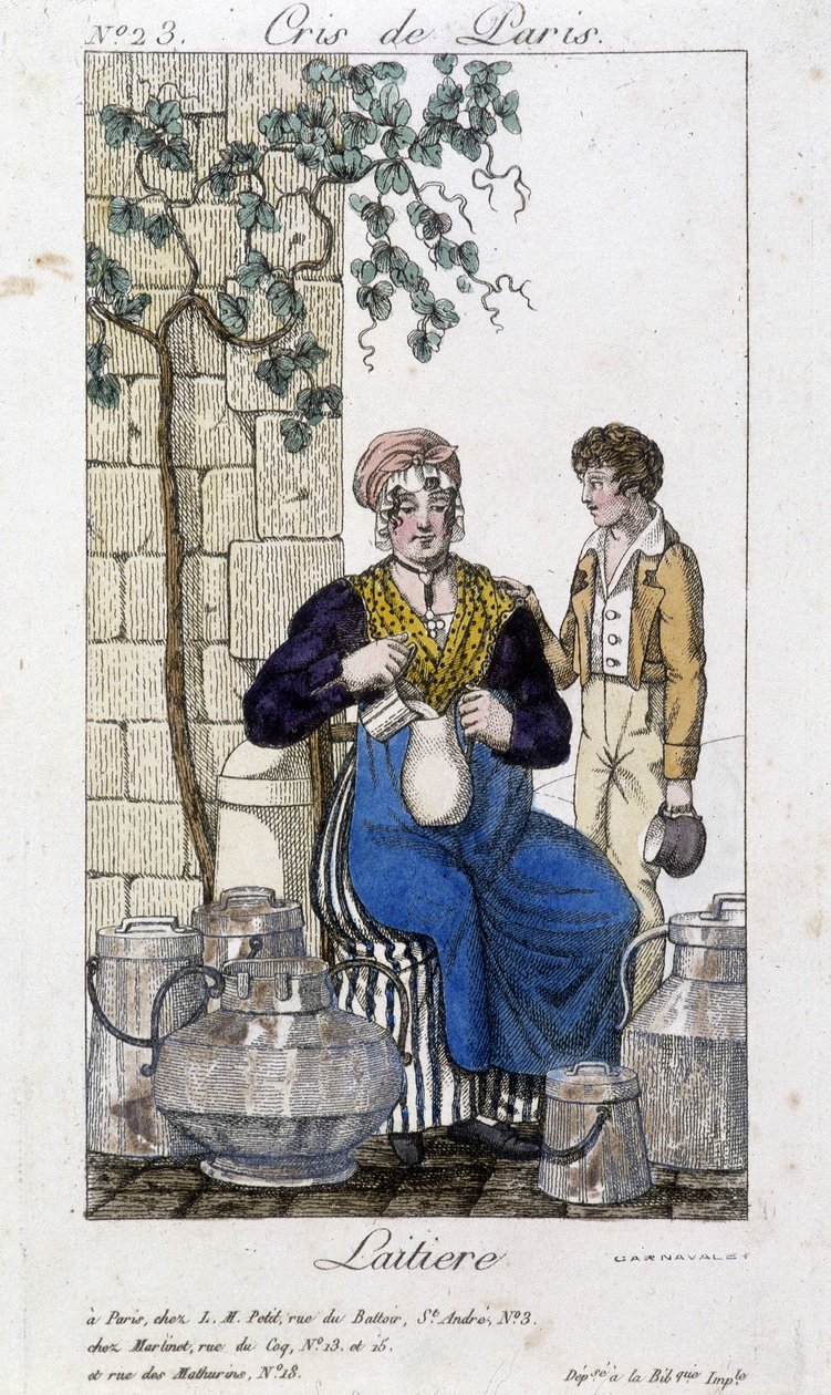 Mælk hælder mælk i en flaske til en ung mand - i "" Cris de Paris"", deb. 19. århundrede af Unknown artist