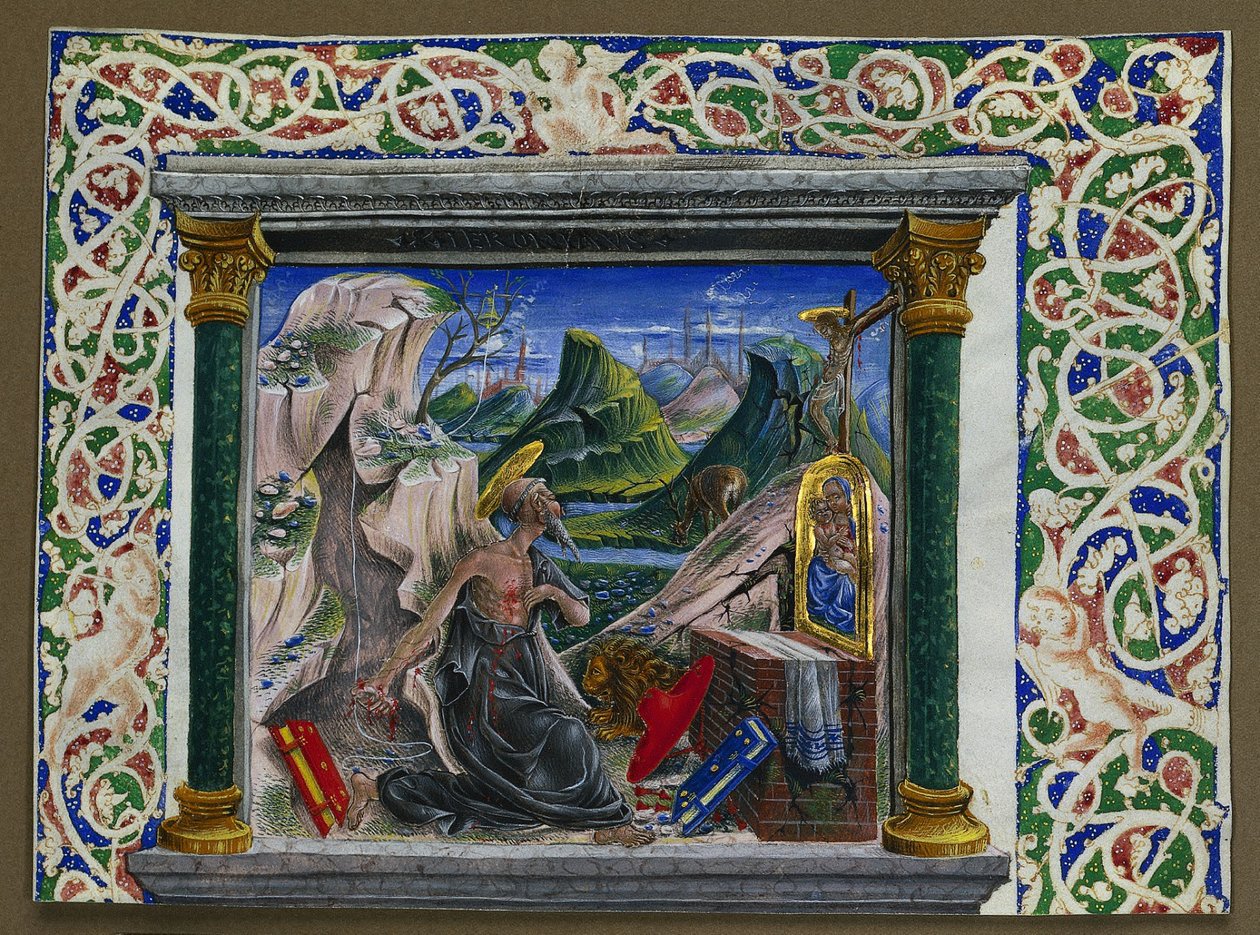 Miniature udskåret fra et manuskript: Sankt Hieronymus i ørkenen af Unknown artist