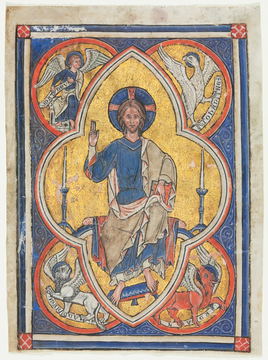 Miniature udskåret fra en psalter: Kristus i majestæt med symboler for de fire evangelister af Unknown artist