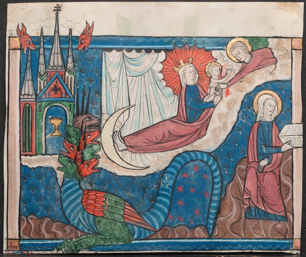 Miniature fra et manuskript af apokalypsen: Kvinden klædt med solen af Unknown artist