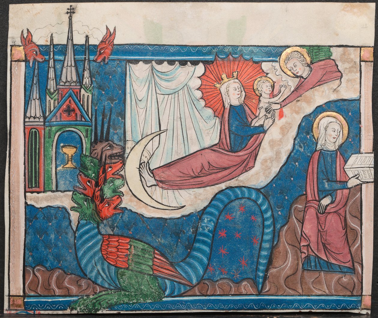 Miniature fra et manuskript af apokalypsen: Kvinden klædt med solen og krigen i himlen af Unknown artist