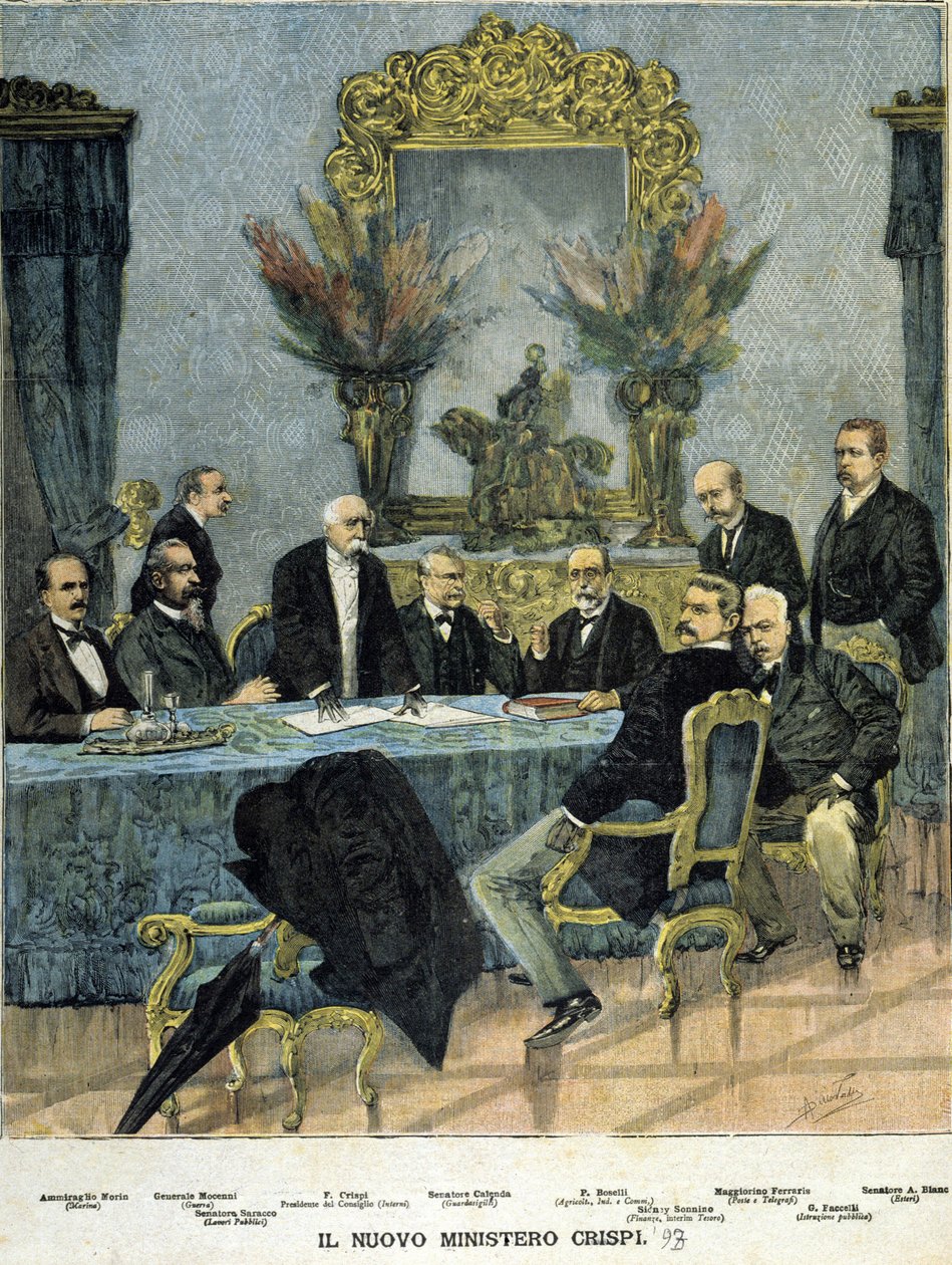 Minister for den nye "Crispi" regering: Fra venstre til højre admiral Morin, General Mocenni, Francesco Crispi, Senator Calenda, P. Boselli, Sidney Sonnino, Maggioreino Ferraris, G. Vestelli og Senator A. Blanc af Unknown artist