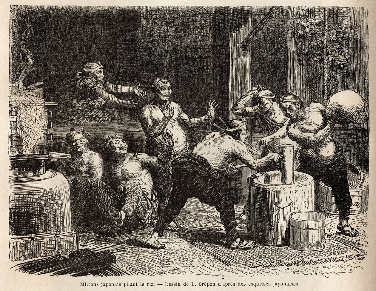 Mitroner banker ris, før det brygges for at lave risøl. Gravering til illustration af rejsen til Japan af Aime Humbert, minister for Det Schweiziske Forbund, i 1863-1864, udgivet i "" Le tour du monde""" 1869, redigeret af Edouard Charton, udgave Hach af Unknown artist