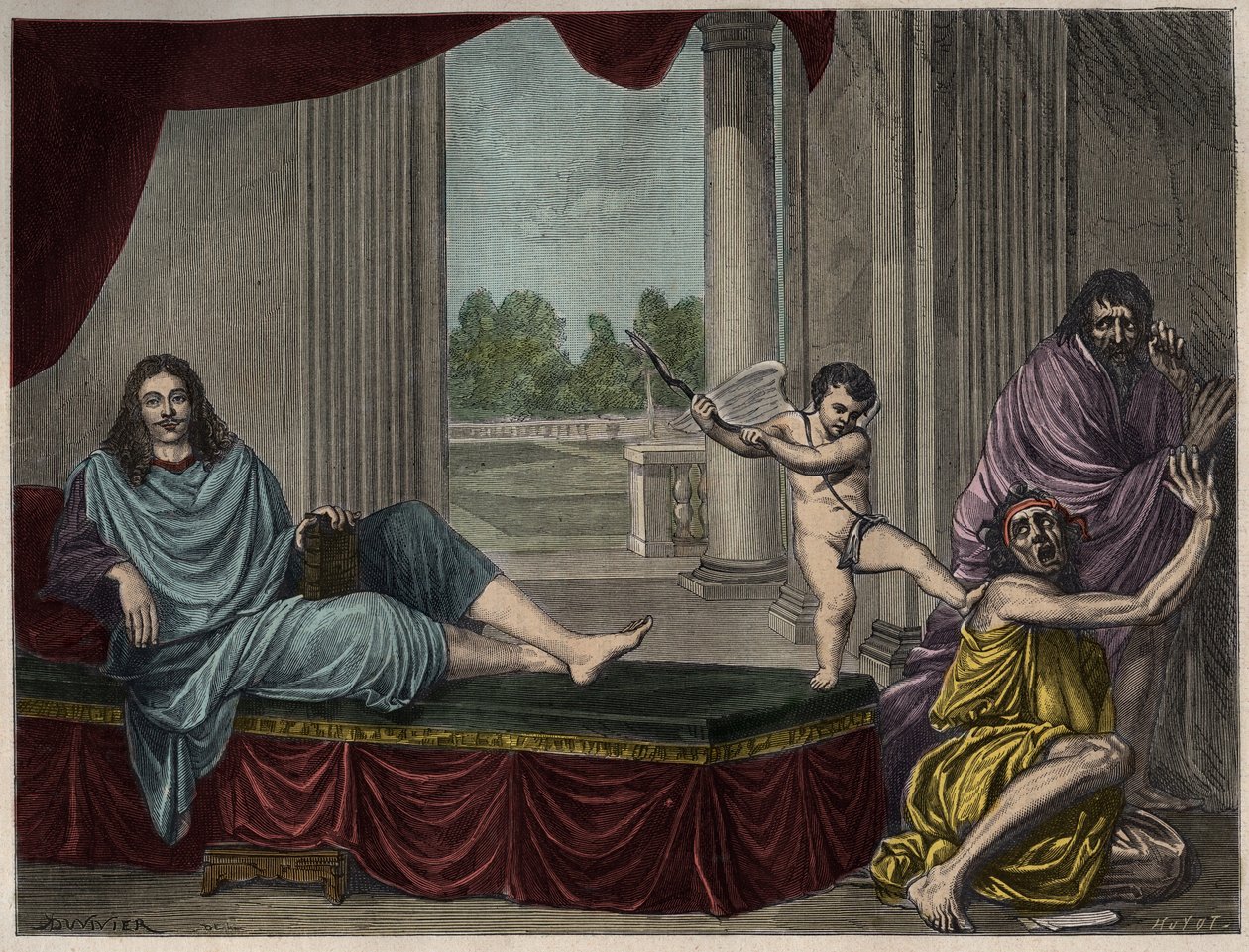 Moliere Jean Baptiste Poquelin (1622-1673) der fremkalder komediens Genie for at nedlægge laster og afskaffe hykleri - Indgravering efter et maleri, der forsvandt fra det 17. århundrede af Unknown artist