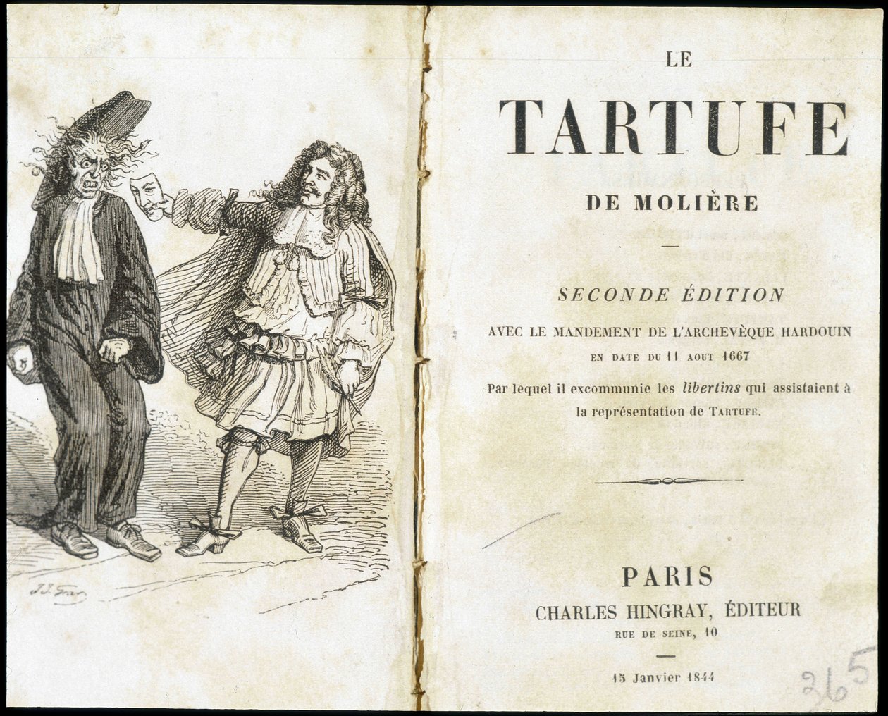 Moliere, der skræmmer en præst ved hjælp af en teatermaske - Frontispice du "Tartuffe"" (Tartufe) de Molière, red. Hingray, Paris af Unknown artist