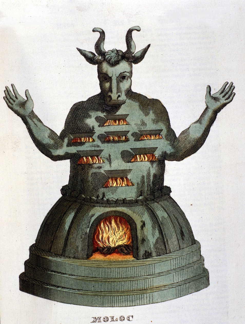 Moloch. Gammel karthagisk guddom. Vi ofrede børnene til ham ved at kaste dem ind i flammerne. Indgravering af det 19. århundrede. af Unknown artist