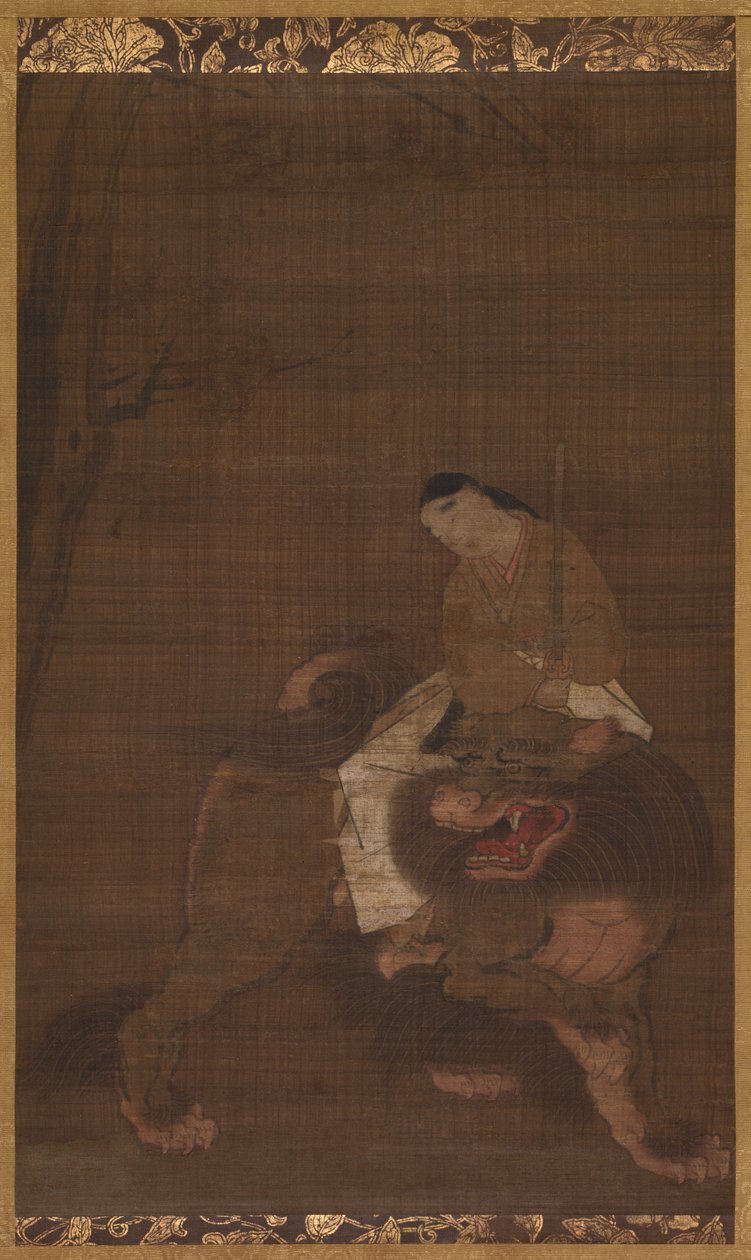 Monju som et barn rider på en løve af Unknown artist