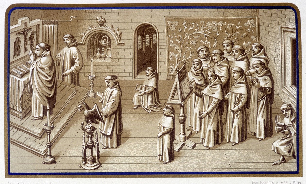 Munke i et kapel i klostret: bøn og kor. Grisaille af Vor Frue Mirakler. Kromolitografi. 19. århundrede af Unknown artist