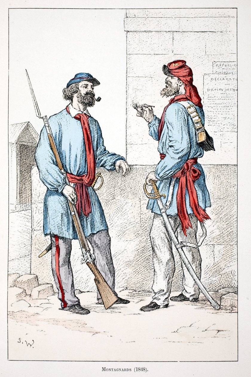 Bjergbestigere (1848). Radering i farver, til illustration "" Histoire du corps des gardes de la paix""" bog udgivet i regi af Louis Lepine (1846-1933), præfekt for politiet på Seinen, af Alfred Rey (1864-?) og Louis Feron (1862-?), red af Unknown artist