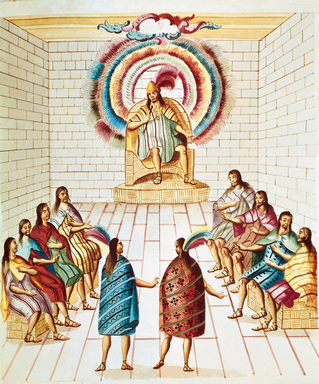 Montezuma (eller Moctezuma II), aztekisk kejser (1466-1520) og hans råd Akvarel tegnet fra "Theater of New Spain" af Diego Garcia Panes (1730-1811) Mexico City, Nationalbiblioteket af Unknown artist