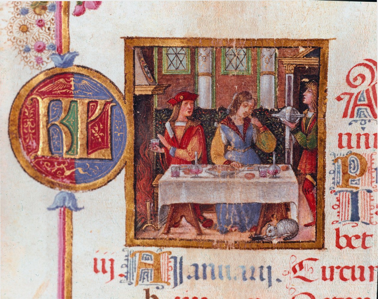 Januar måned: banketscene. Miniature fra Breviary of Hercules (Ercole) I d
