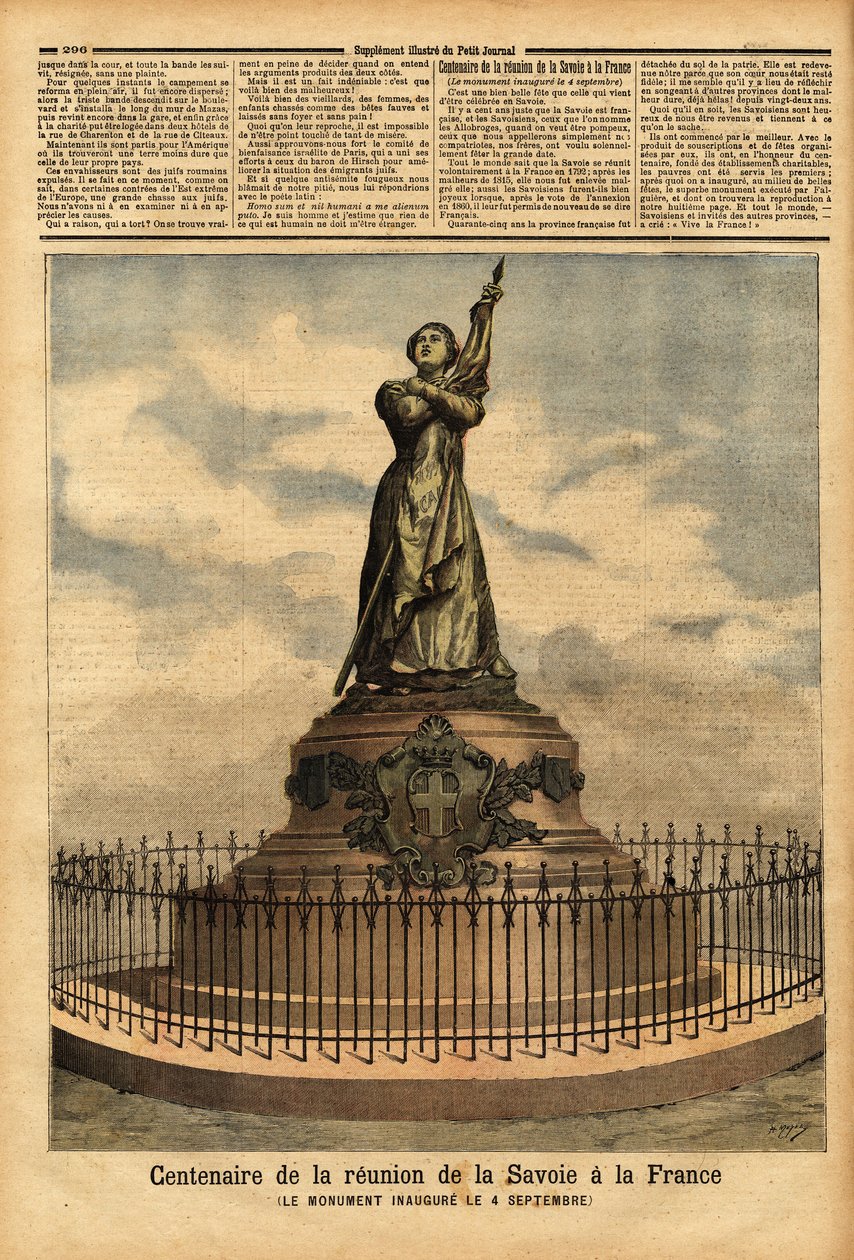 Monument til minde om hundredeåret for Savoyens forbindelse til Frankrig (1792), af billedhugger Falguiere, indviet den 4. september. Indgravering i "" Le petit journal"" 10/10/1892. Selvas samling. af Unknown artist