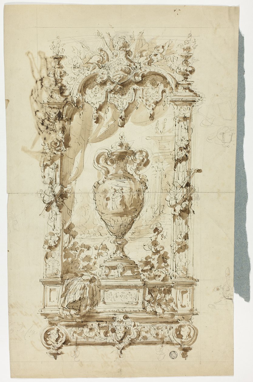 Monumental vase i ornamental ramme (recto); skitse af stående mand med parasol og papegøje samt arkitektoniske studier (verso) af Unknown artist