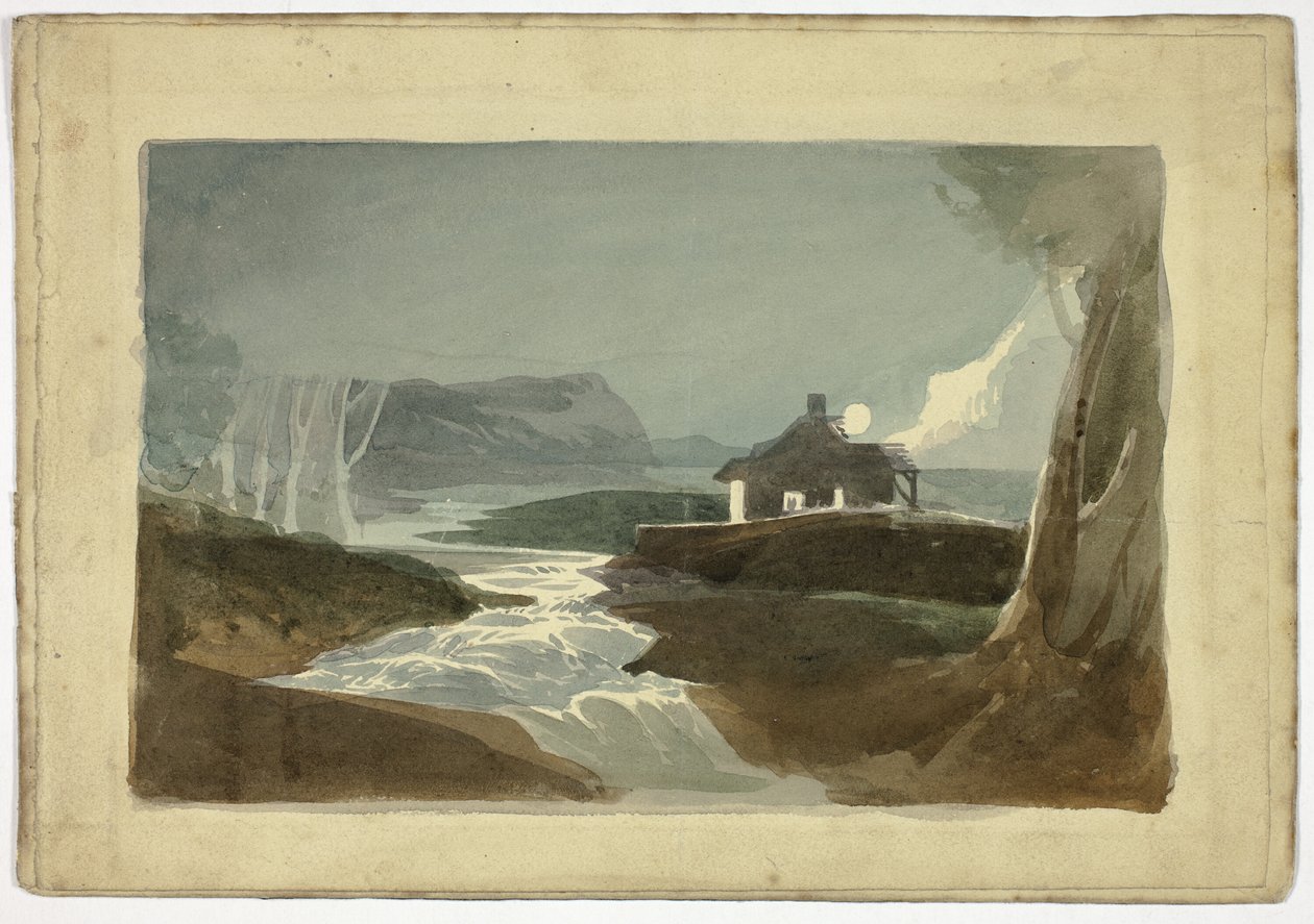 Måne over hytte ved vandfald (recto); tårn og byhus med stråtag (verso) af Unknown artist