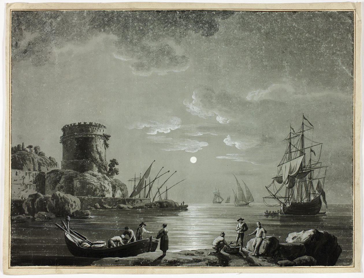 Måneskinsscene i fiskerihavnen af Unknown artist