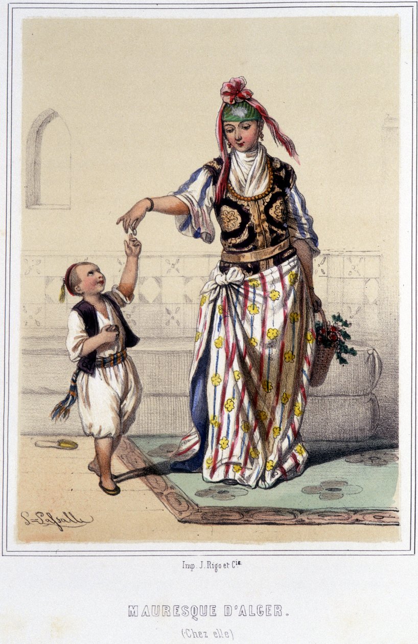 Maurisk kvinde ledsaget af et barn hjemme i Algier i anden halvdel af det 19. århundrede. af Unknown artist