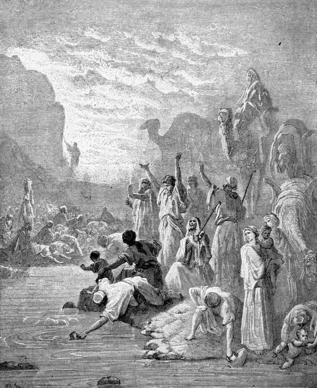 Moses får vand til at strømme ud af klippen. af Unknown artist