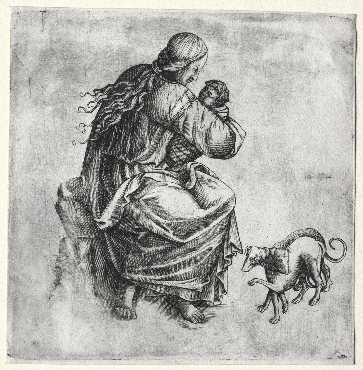 Mor og barn med to hunde af Unknown artist