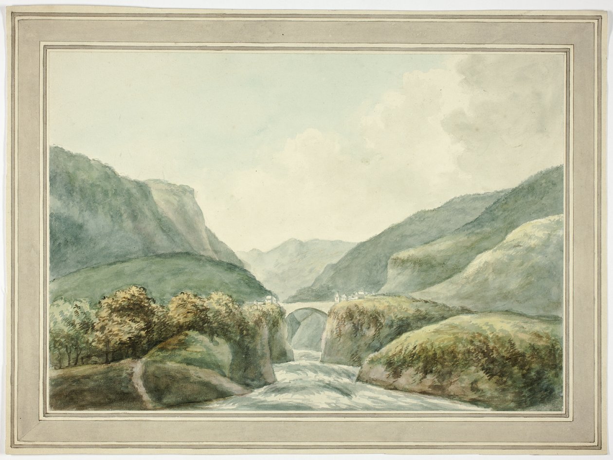 Bjergby ved bro over vandløb af Unknown artist