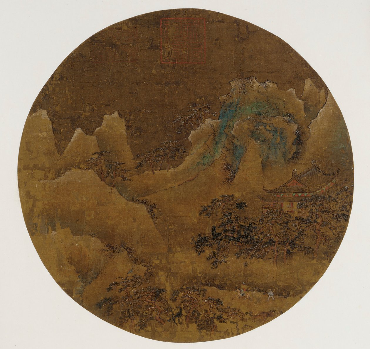 Bjerglandskab: klipper, tempel og fyrretræer af Unknown artist