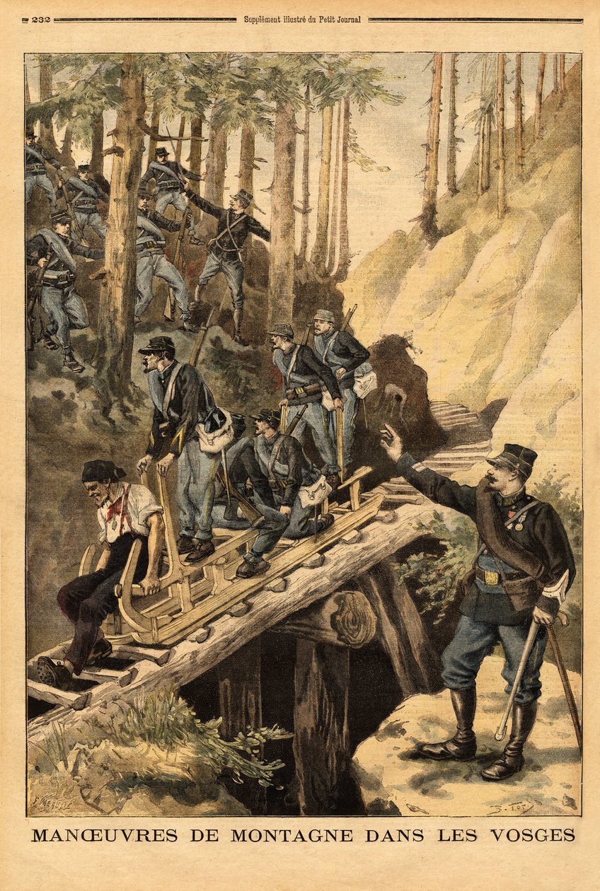 Bjergmanøvre i Vogeserne af en bataljon af alpine jægere med en anmodning om en schlitte, slæde til skovning. Indgravering i "" Le petit journal"" 19/07/1896. Selvas samling. af Unknown artist
