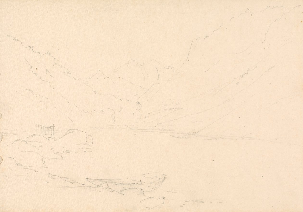 Bjerglandskab og sø af Unknown artist