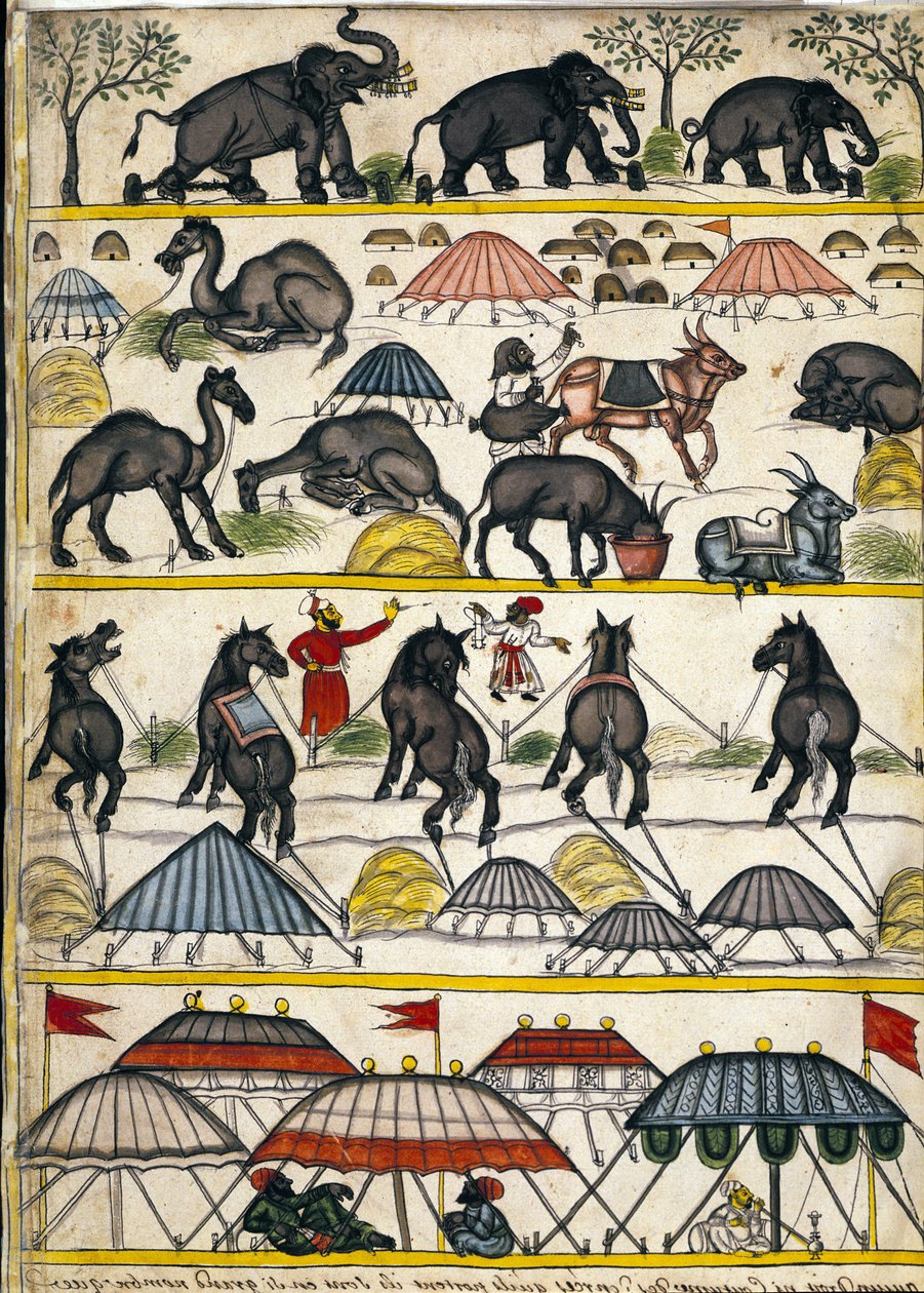 Mughal militærlejr. Side fra manuskriptet (ms.8300) "" Mogols historie"" (Moghul eller Moghol) af Stefano Nivibus Cardeira. 1700-tallet. Bibloteca marciana, Venedig af Unknown artist