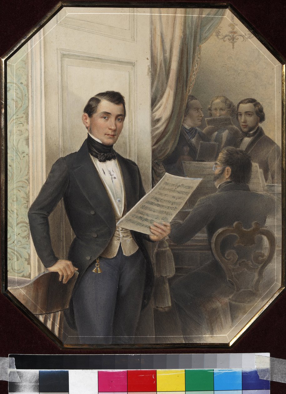 Musikere ved en prøve, Anonym. Pen, pensel, akvarel, blæk og hvid farve på papir af Unknown artist
