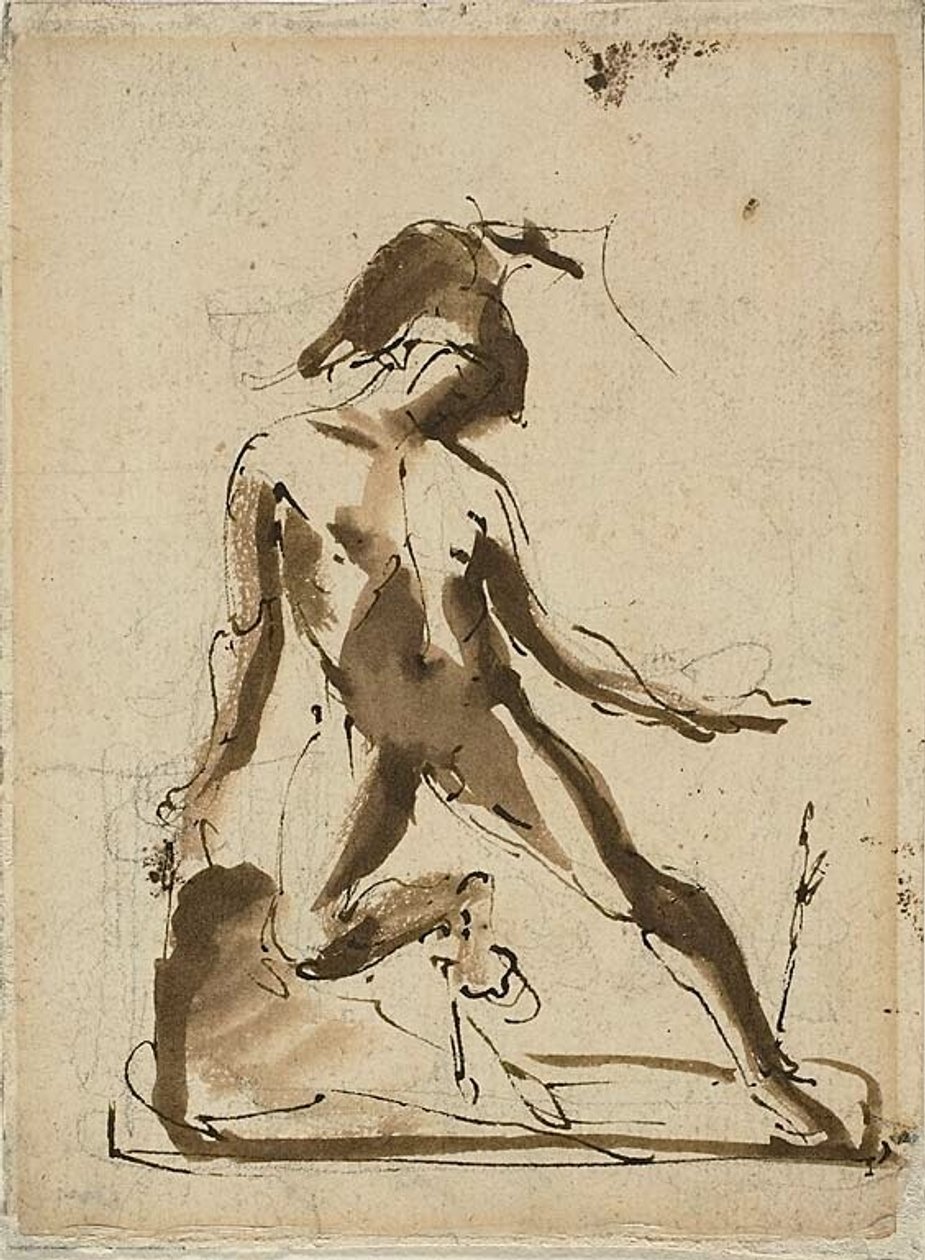 Mytologisk figur: Achilleus med løveskind (recto); Skitser af figurer (verso) af Unknown artist