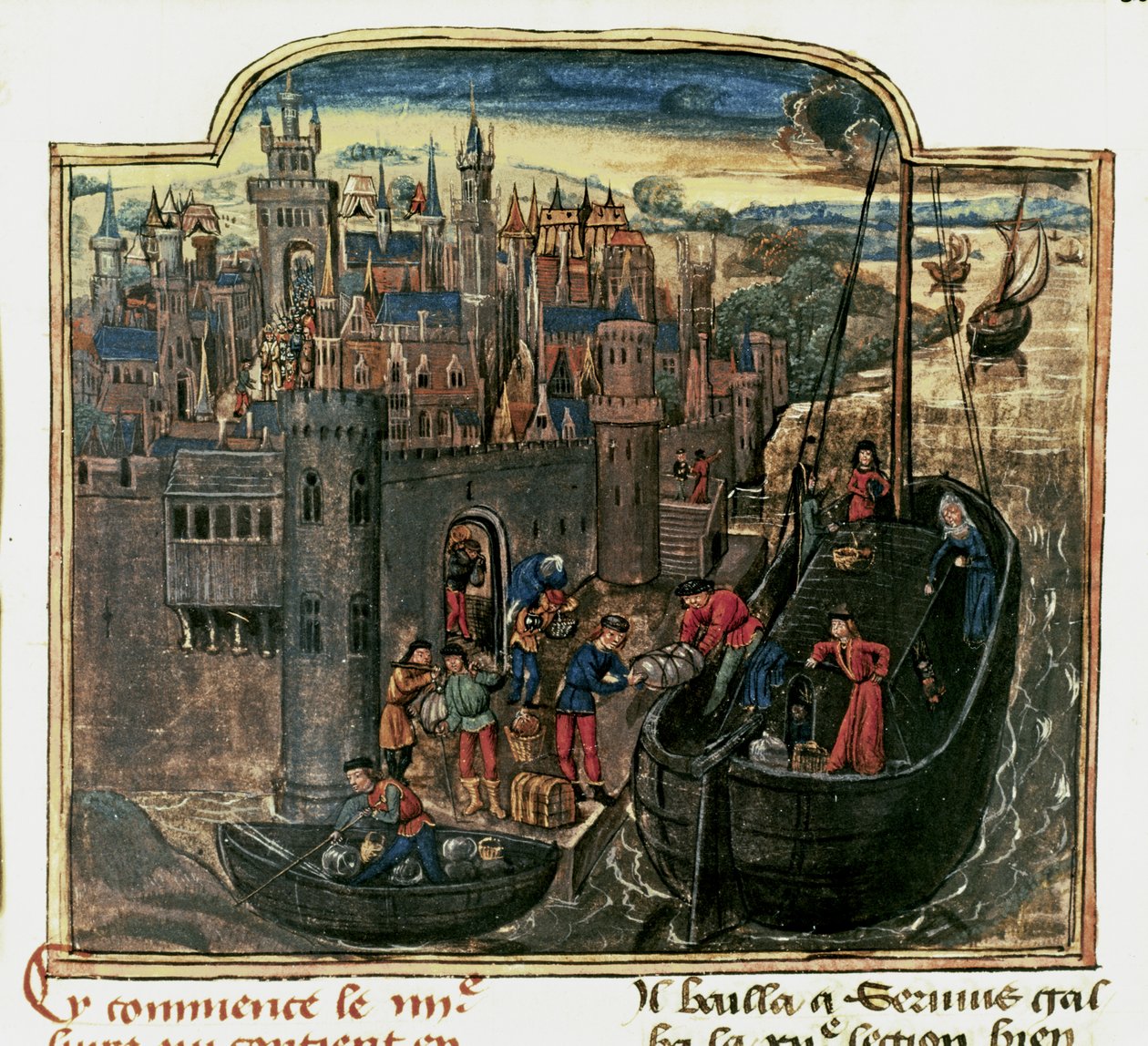 NAVIGATION: Lastning af et handelsskib, slutningen af det 15. århundrede (miniature) af Unknown artist