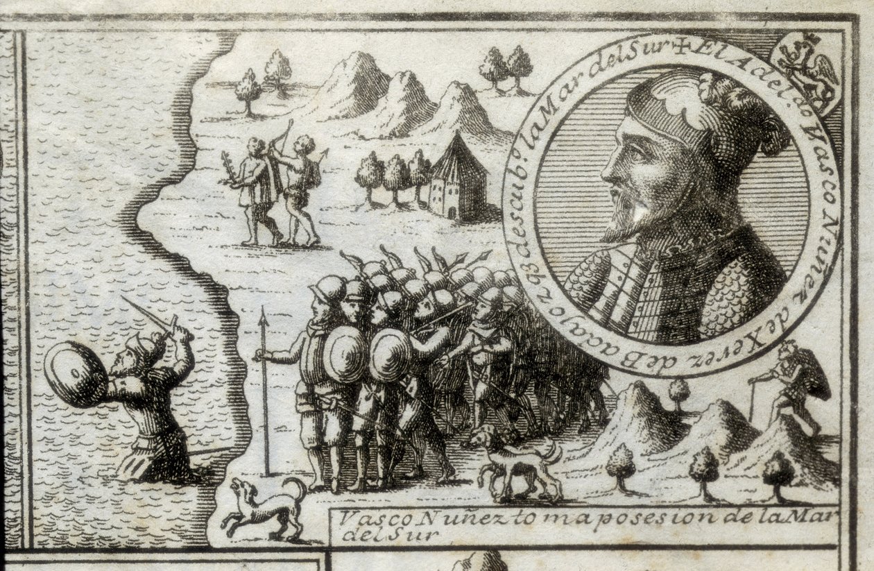 NUNEZ DE BALBOA, Vasco (1475-1517). Engelsk opdagelsesrejsende og erobrer. Spanien. Spansk kolonisering (1513). Vasco Nunez tager Sydhavet i besiddelse. Billede fra 1728. Kobberstik. af Unknown artist