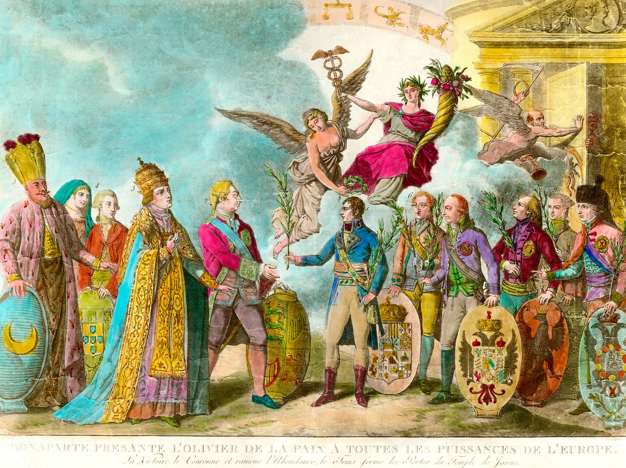Napoleon Bonaparte (1769-1821) præsenterer fredens oliventræ til alle Europas magter. Gravering 1801 Privat samling af Unknown artist