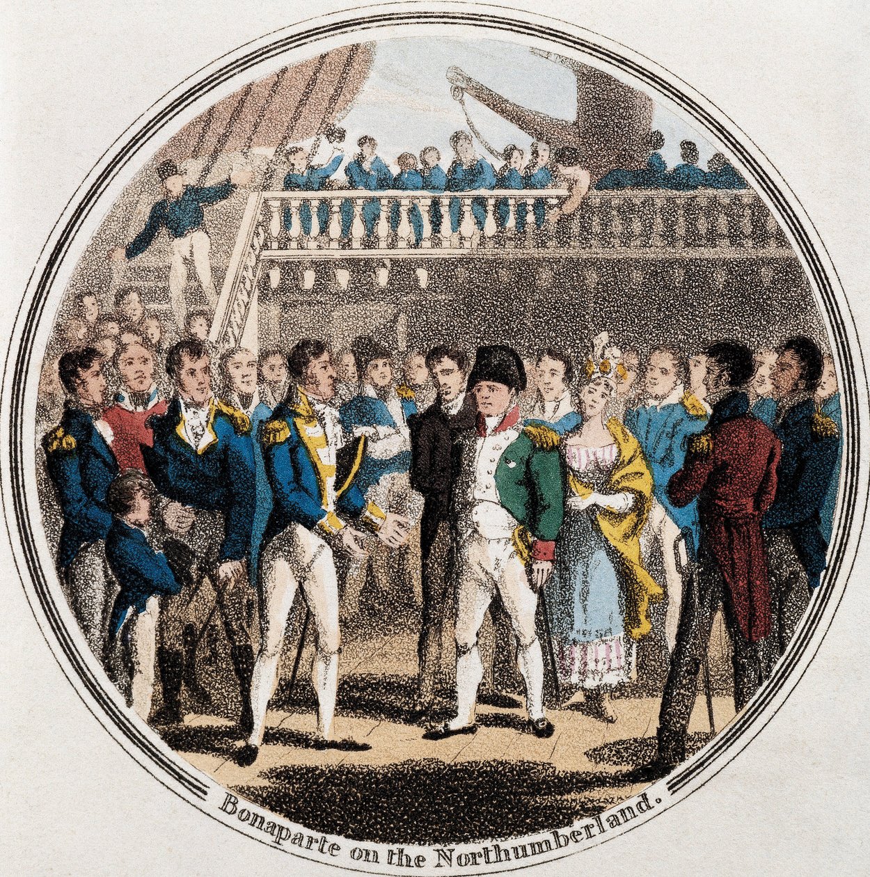 Napoleon Bonaparte og den engelske admiral George Cockburn på Northumberland ledsaget af Madame Bertrand (farve litho) af Unknown artist
