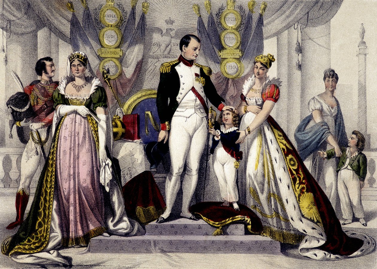 Napoleondynasti fra 1804 til 1815. Josephine, Napoleon I, konge af Rom, Mary Louise. Indgravering af det 19. århundrede. af Unknown artist