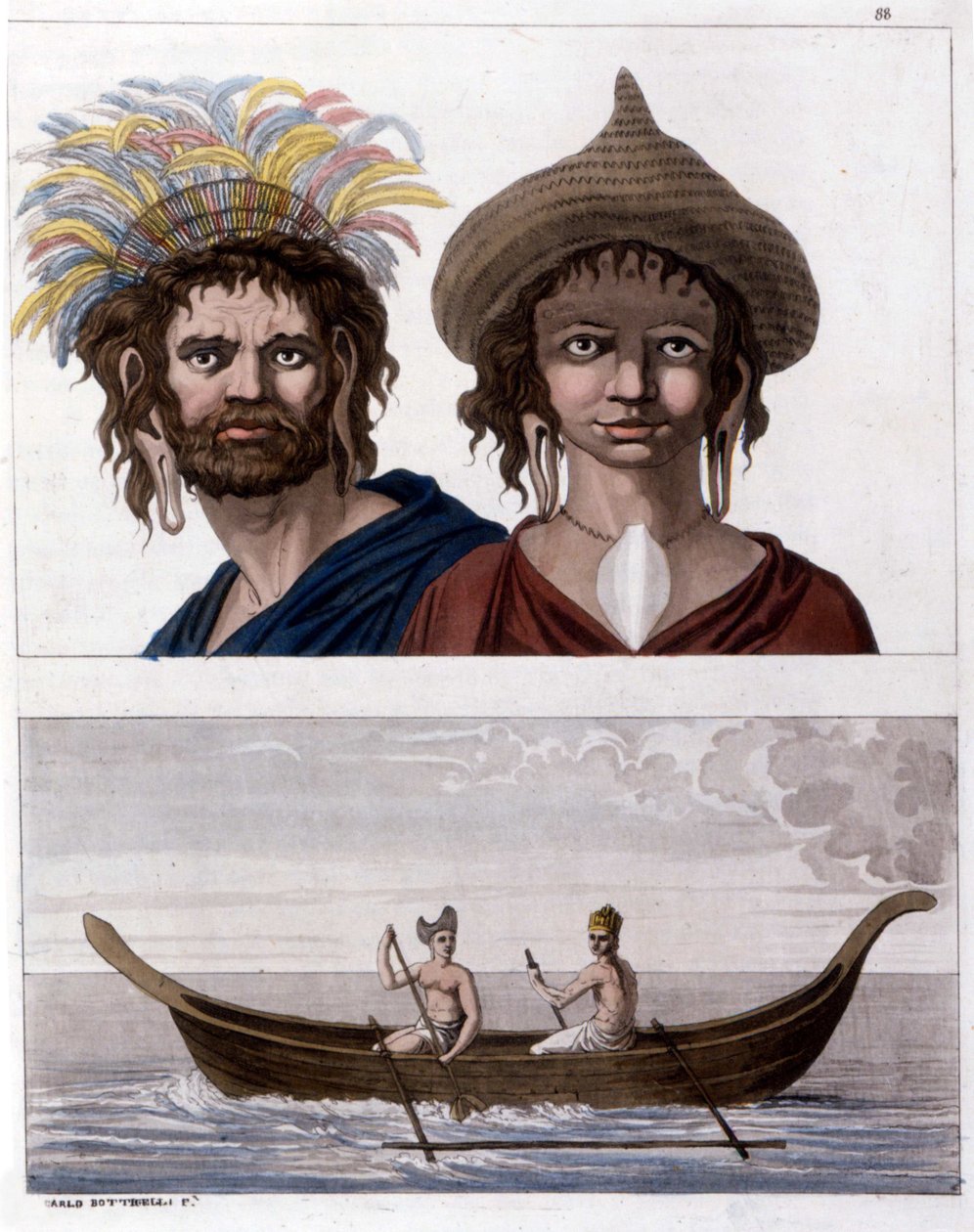 Hjemmehørende på Påskeøen (Rapa Nui) i Polynesien, medlemmer af Long Ears-klanen. Nedenunder, en af deres båd. - i "" Det gamle og moderne kostume""" af Jules Ferrario af Unknown artist