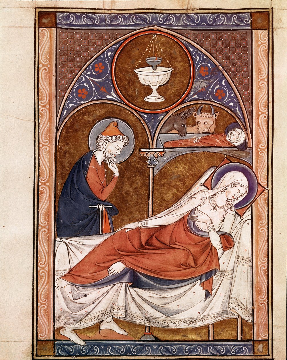Fødsel: Jomfru Maria er repræsenteret her liggende på en seng Side taget fra manuskriptet "" Psalterium Cum Calendario"" Padua fra det 13. århundrede, seminariets bibliotek af Unknown artist