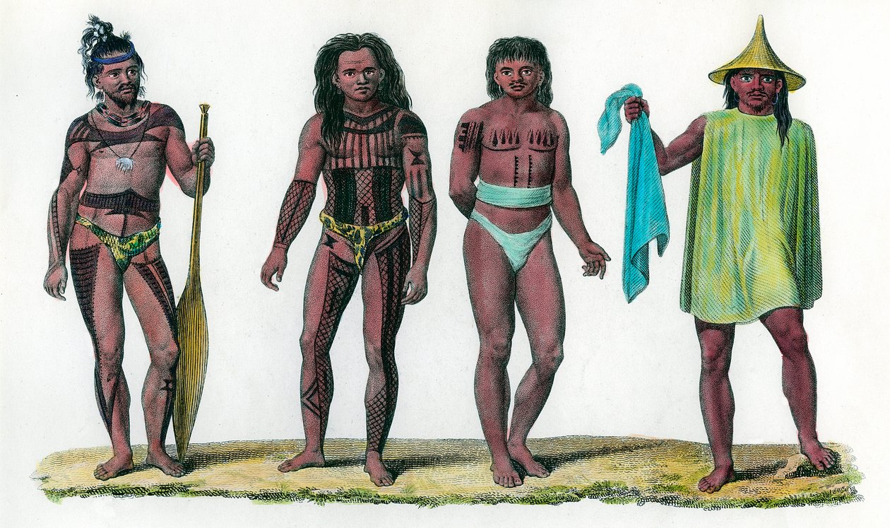Naturlige øer Uros Penelope og Aouar, befolkningen på det oceaniske kontinent. 1700-tals stik. Privat samling. af Unknown artist