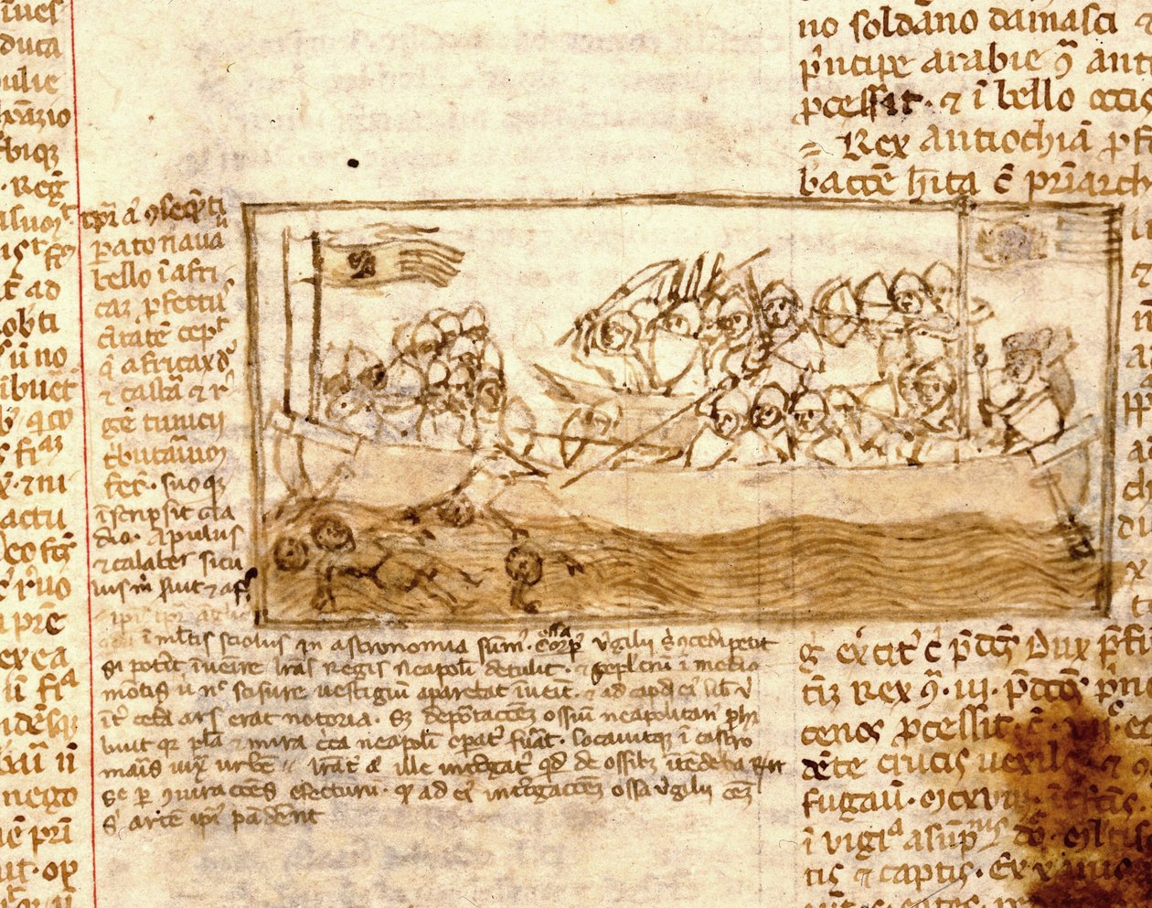 Søslag mellem saracenere og korsfarere i 1120. Ifølge manuskriptet ""Pilgrimsrejse til det hellige land"" fra det 12. århundrede. Marciana, Venedig. af Unknown artist