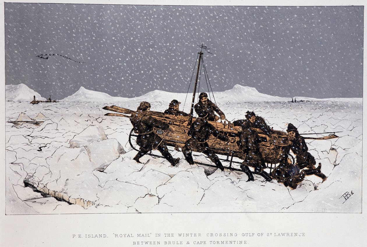 Nær floden, St. Lawrence-bugten: båd på en slæde, nær Brule og Cape Tormentin - i "" Skitser af canadisk sport og tidsfordriv"" af Lieut. Henry Buckton Laurence af Unknown artist