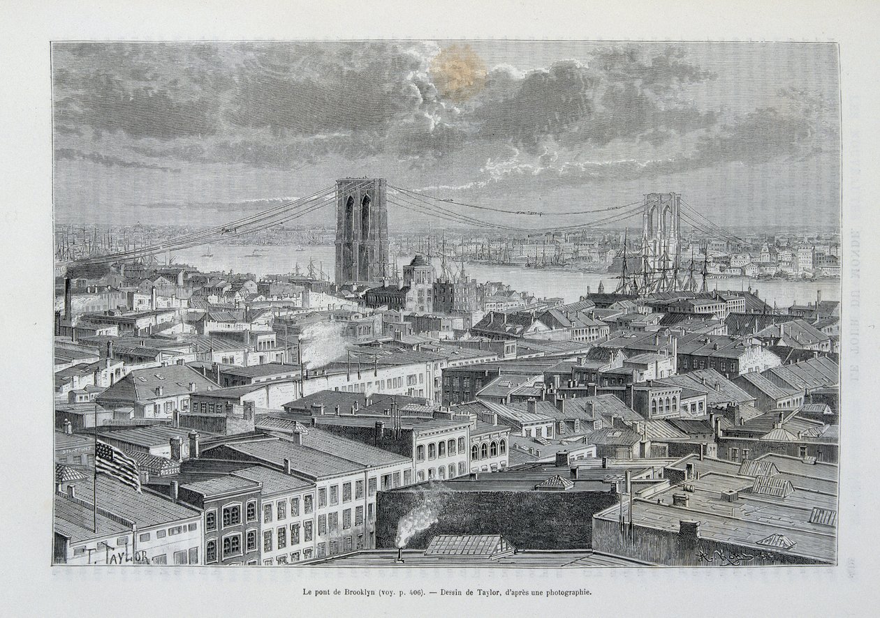New York og Brooklyn Bridge under opførelse - i "" The World Tour"", 2. Sem. 1881 af Unknown artist