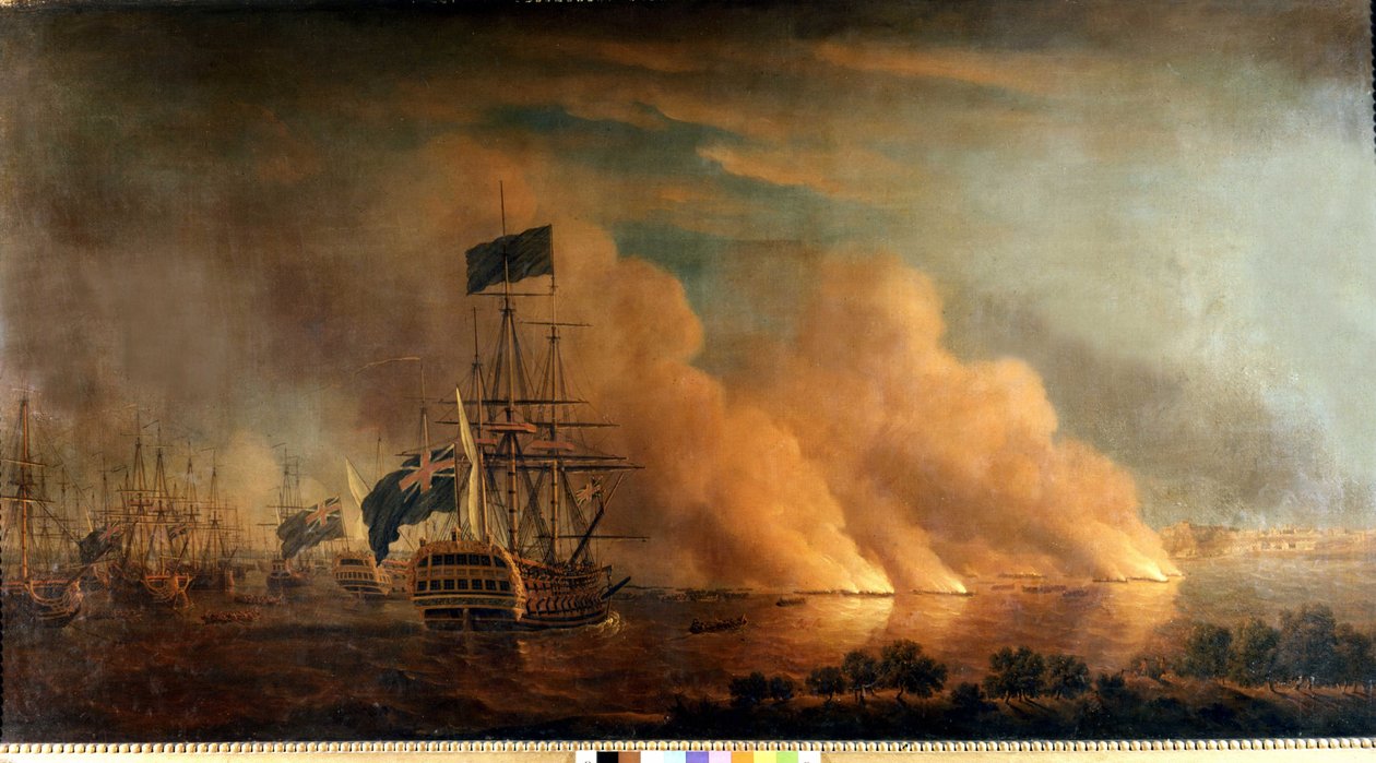 Natangreb af de franske bruloter mod den engelske flåde i havnen i Quebec: taget af englænderne den 28/06/1759. Maleri. af Unknown artist