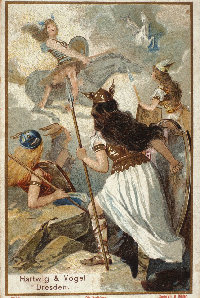 Nordisk mytologi: Walkyrierne (jomfrukrigere) i Valholl (eller Walhalla, Valhalla, Valhalle: sted, hvor modige krigere bringes) og krigeres fald i kamp. kromolitografi fra det 19. århundrede af Unknown artist