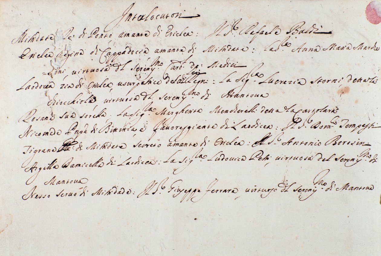 Noter om iscenesættelsen af operaen Mithridate af Giuseppe Aldrovandini (1706) af Unknown artist