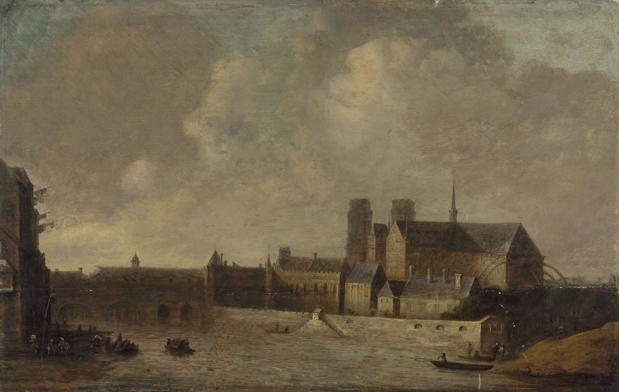 Notre-Dame og ærkebispens palads, set fra Quai de la Tournelle, ca. 1640, nuværende 4. arrondissement, mellem 1635 og 1645 (olie på træ) af Unknown artist